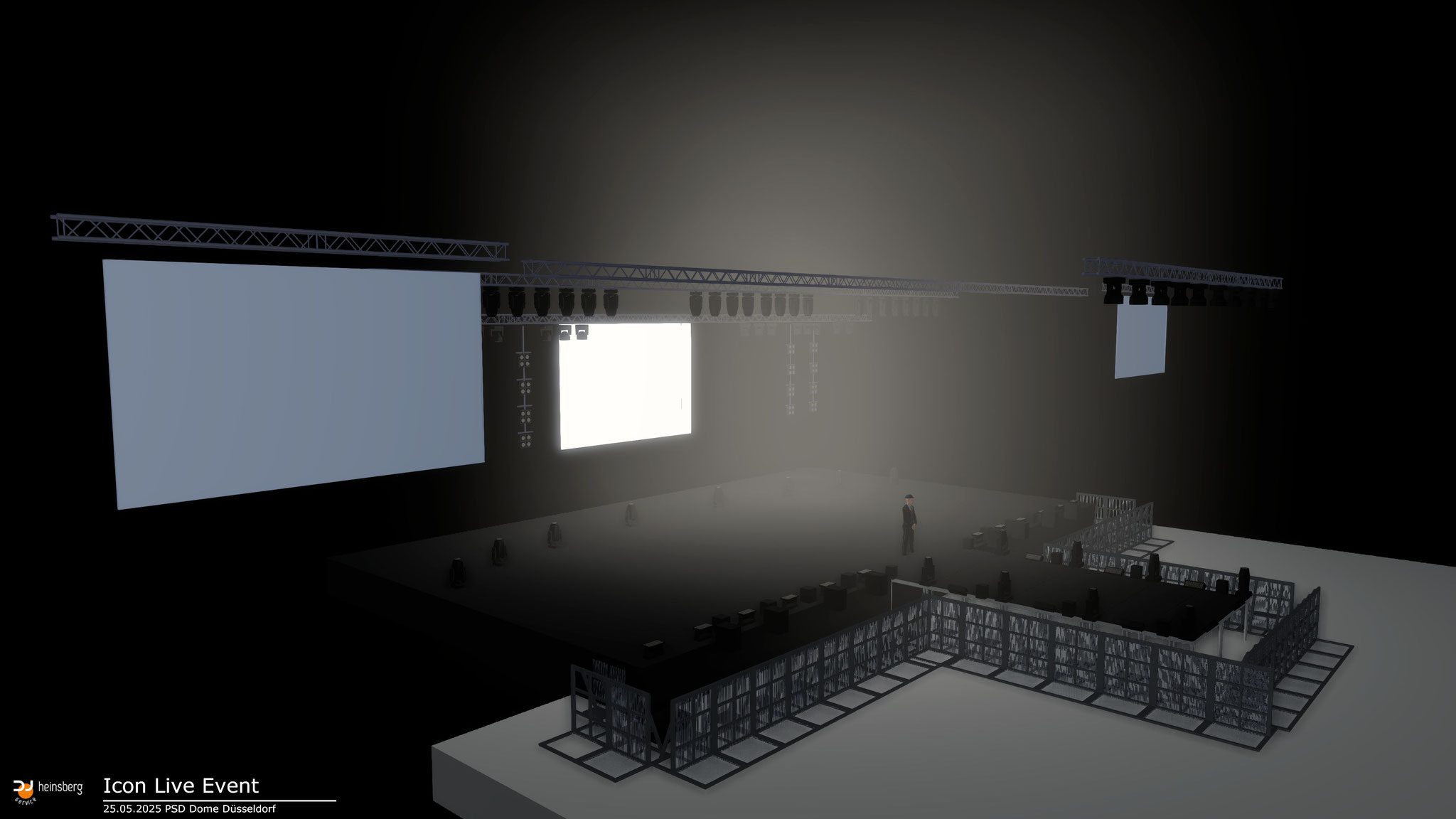3D Visualisierung einer großen Bühne mit Traversen und Lichttechnik