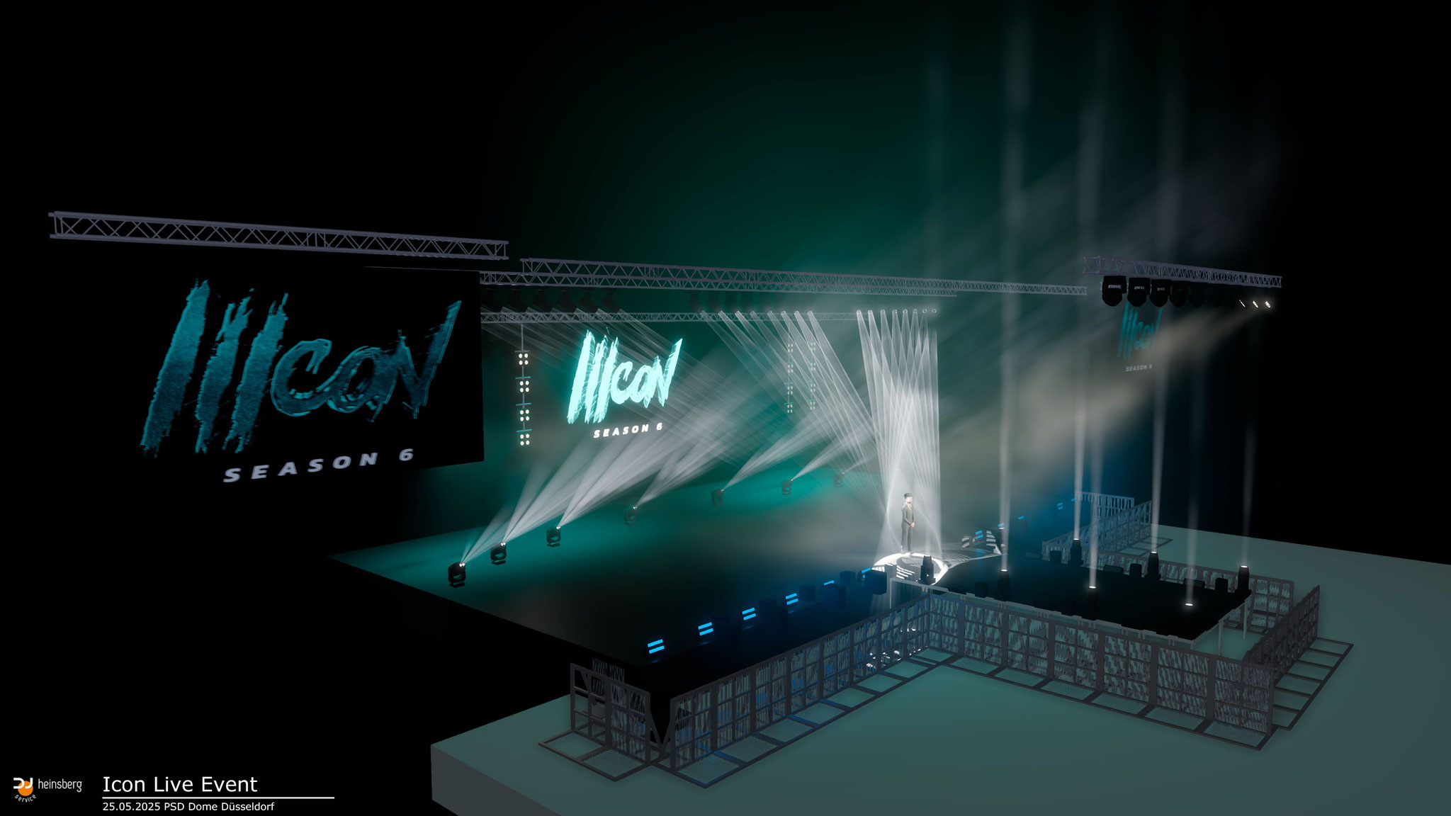 3D Visualisierung einer großen Bühne mit Traversen und eingeschalteter Lichttechnik, sowie einer LED Wand.